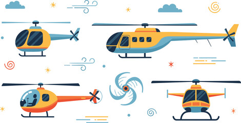 Helicopter vector set with rescue transport and private chopper illustrations in different angles for aviation travel and emergency service design. © MstSuborna