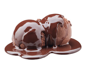 chocolate ice cream scoops with sauce on white background