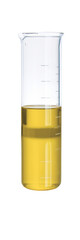 beaker with yellow liquid on white background.
