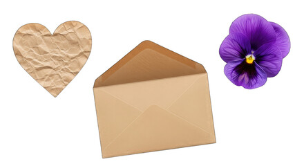 Brown paper heart envelope and purple flower on transparent background for love letters or valentines day