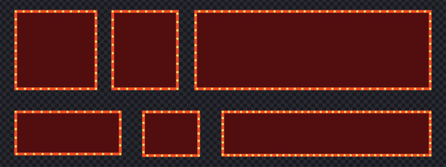 Retro movie theater marquee sign and light bulb frame set. Vintage red billboard banners with glowing lamps for cinema and stage performance. Vector Illustration. © Graphinest