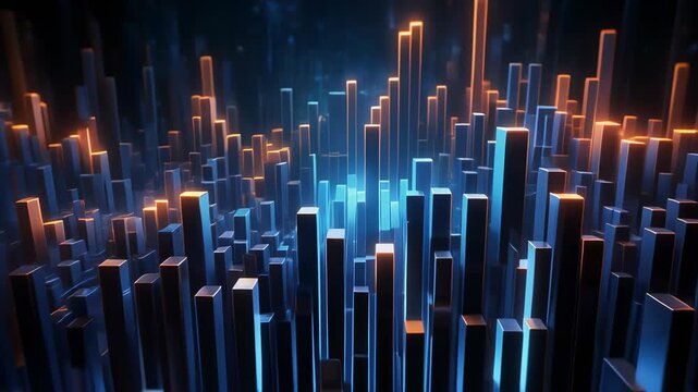 Dynamic digital landscape with glowing data pillars representing complex information flow and technological advancement.