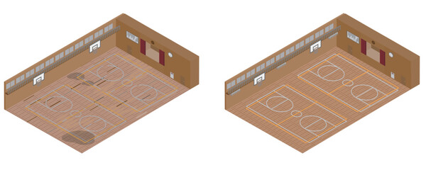 体育館の床の老朽化に伴う改修のビフォーアフターのアイソメトリックイラスト