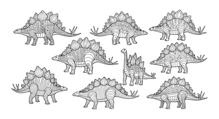 Intricate black and white pattern featuring multiple stegosaurus dinosaurs © Nayem