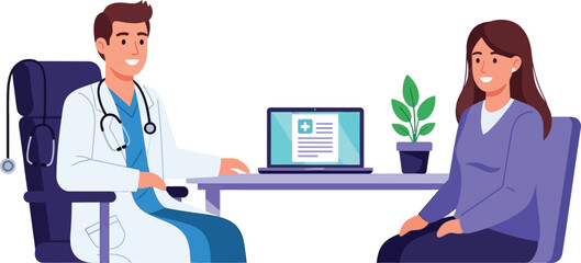 A doctor consulting with a female patient at a desk with a laptop showcasing a modern healthcare scene on transparent background silhouette