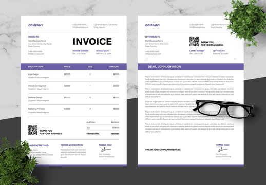 Purple Professional Invoice And Letterhead