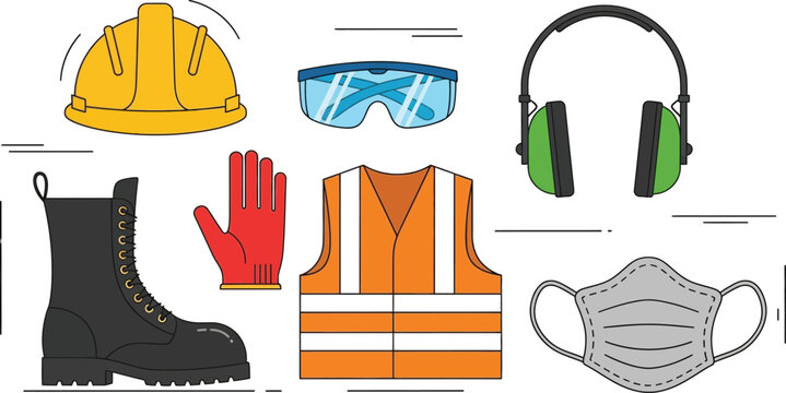 A colorful collection of construction safety gear including a helmet goggles and vest on transparent background silhouette high quality professional detailed