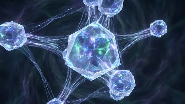 Futuristic innovation ai crypto digital web3 concept with glowing crystal network structure, abstract energy flow, and geometric connections