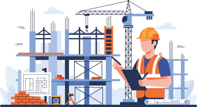 Construction worker reviewing blueprints at a building site with a large crane ideal for projects on transparent background silhouette high quality