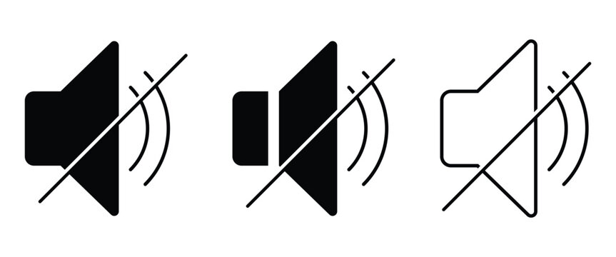 Volume speaker mute volume vector set. Vector sound off icon used to  silence or turn off audio on computers, smartphones, and media players.