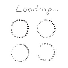 Hand drawn loading progress bar icons set with circular doodle spinners and status indicators in minimalist sketchy style for web and mobile interface design