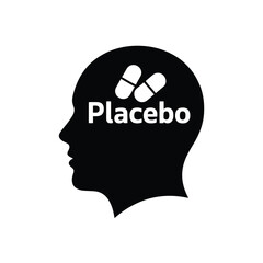A black silhouette of a head with pills and the word placebo