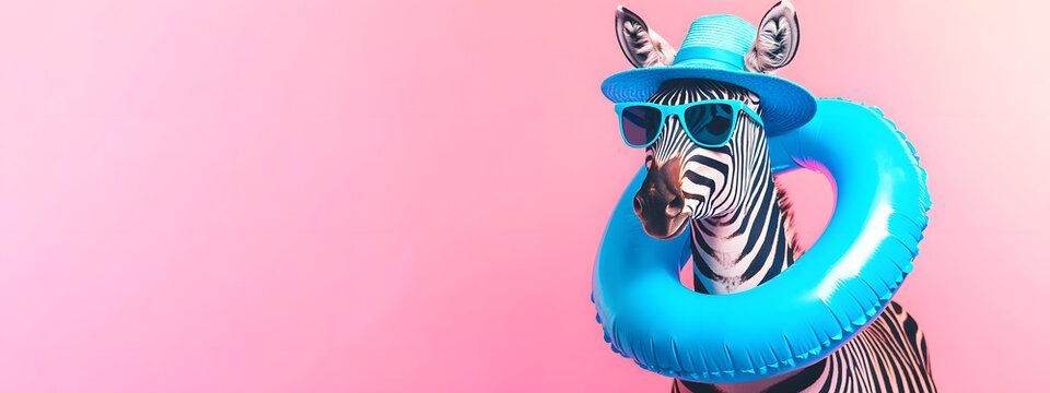 A creative scene featuring a zebra in sunglasses and a beach hat holding an inflatable ring against a pink studio background with copyspace, a vibrant summer concept of relaxation and fun
