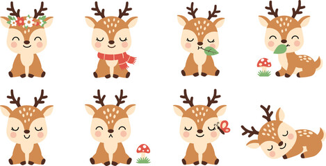 Fototapeta premium Cute Baby Deer Cartoon Set with Different Poses Forest Elements and Kawaii Woodland Animal Flat Vector Illustration.