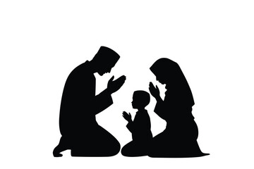 A muslim family praying together in a simple black silhouette