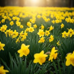 Fototapeta premium Field of Yellow Daffodils in Springtime Sunlight Meadow Landscape