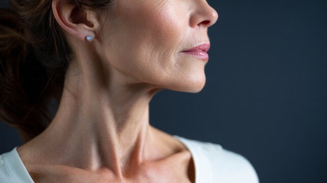 Middle aged woman's side profile, highlighting facial and neck wrinkles, natural aging process, and skincare concerns