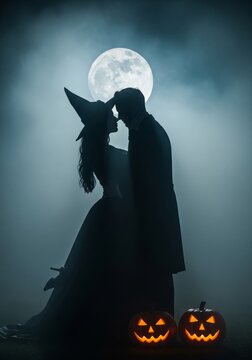 Silhouette of Couple Embrace in Halloween Costume With Full Moon