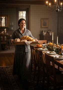 Woman Holding Bread Tray in a Traditional Dining Room Interior