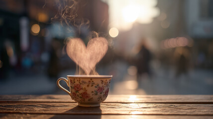 Heart Shaped Steam From Coffee Cup In City
