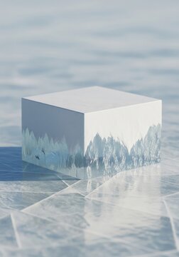 White Cube with Forest Pattern on Ice Surface in Bright Light