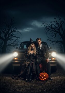 Couple in Witch Costume Near Car with Jack O Lantern in Dark Forest