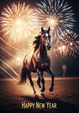 Brown Horse Galloping Under Fireworks Display at Nighttime Scene