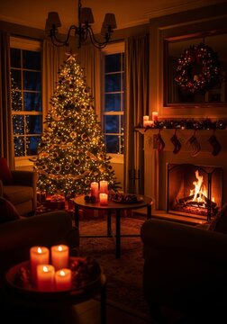 Warm Lit Living Room with Christmas Tree and Fireplace at Night