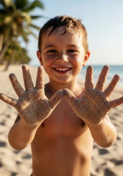 Young Boy Smiling Showing Sandy Hands on Beach Palm Trees Summer