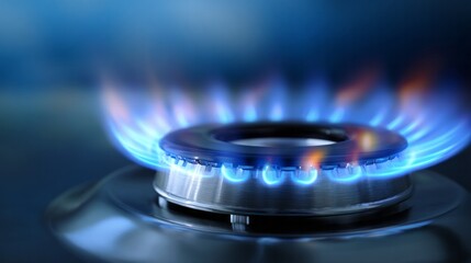 Gas burner lit with blue flame on modern kitchen stove showing energy efficiency and heat for cooking