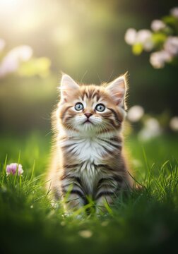 Cute Tabby Kitten Sitting in Lush Green Grass Looking Upward