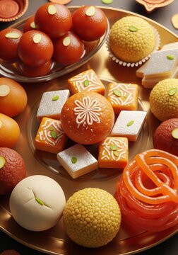 Close Up Assorted Indian Sweets on Golden Plate Overhead Shot