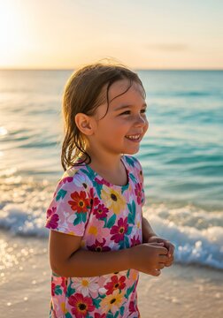 Smiling Young Girl Enjoying Sunset at Ocean Beach in Floral Shirt