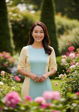 Smiling Woman in Yellow and Blue Dress in Lush Rose Garden