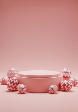 Pink Easter Eggs around Matching Round Pedestal on Pink Background