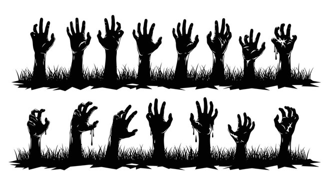 Creeping Zombie Hands Rising from the Ground Vector Illustration Set