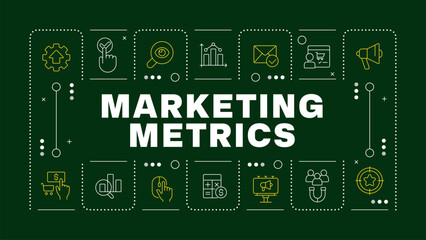 Marketing metrics green word concept. Statistical metrics, market research. Customer purchase. Horizontal vector image. Headline text surrounded by editable outline icons. Hubot Sans font used