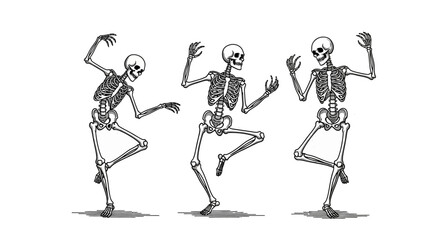 Fototapeta premium Three Dancing Skeletons in a Row Isolated on White Background with Shadows