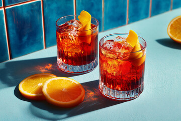 Red Negroni Cocktail With Ice And Orange Slice Closeup
