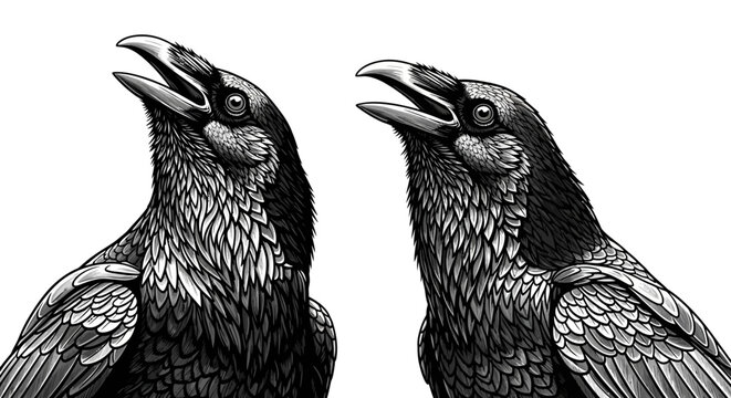 Two Stylized Ravens with Open Beaks Against a White Background, Dramatic Black and White