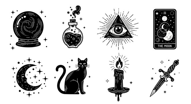 Mystical and Esoteric Symbols Collection: Fortune Telling, Witchcraft, and Celestial Elements