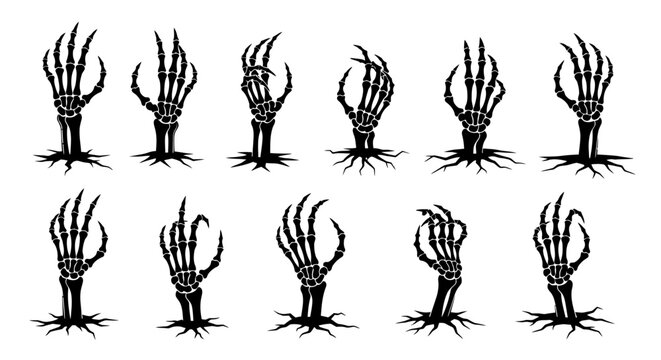 Collection of Spooky Skeleton Hands Emerging from Ground Vector Art