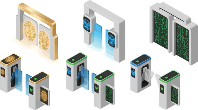 Isometric vector graphic illustration featuring a collection of modern biometric security gates and turnstiles for access control technology.