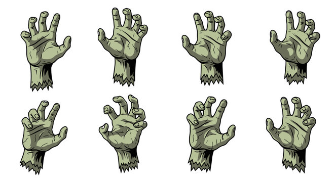 Collection of Spooky Zombie Hands Reaching Out Against White Background