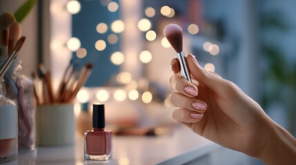 Woman's hand holding a cosmetic brush, showing glitter nail polish by a makeup desk with various beauty products