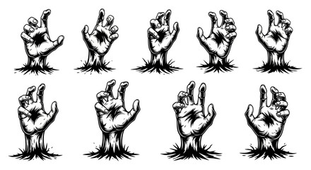 Collection of Zombie Hands Emerging from the Ground, Spooky Halloween Graphics Set