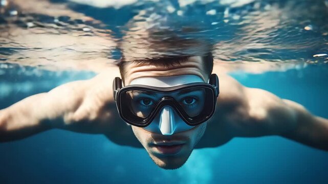 A diver swims underwater in clear blue pool water, exploring the surroundings while using snorkeling gear and showcasing diving skills