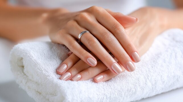 Female hands with nude polished fingernails resting on a soft white towel, showcasing perfect manicure and hand care