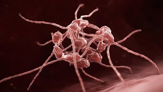 Detailed 3D medical visualization of blood clot formation thrombosis with red platelets thrombocytes aggregation clustering inside blood vessel showing coagulation hemostasis process in dark cinematic