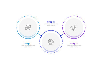 Obraz premium Startup vision multicolor circle horizontal timeline infographic 3 steps. Business goals of new company on market. Development statement. Editable thin line icons diagram process. Lexend font used